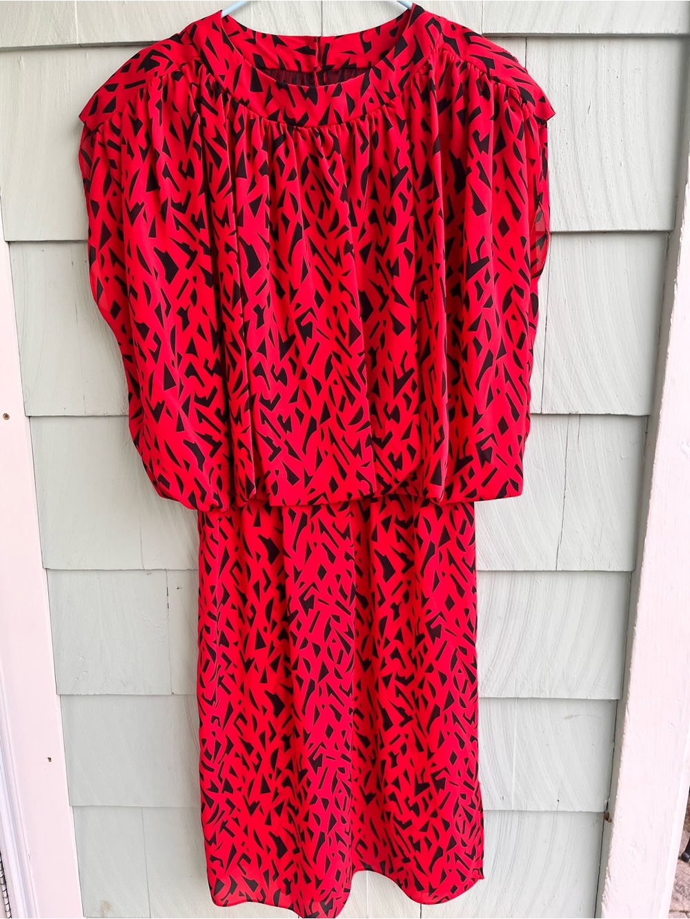 Red Printed Women’s Dress with Black Abstract Pattern